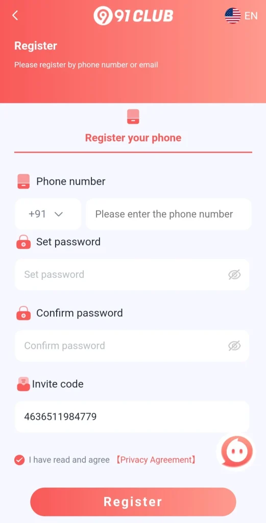 Procedure for registration on the 91 club apk game account